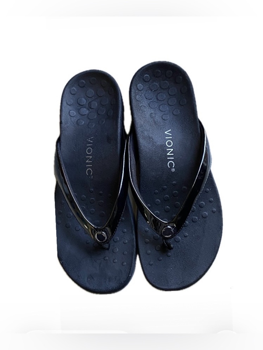 Ionic Davina Black Gloss Thong Sandals with Circular Accent